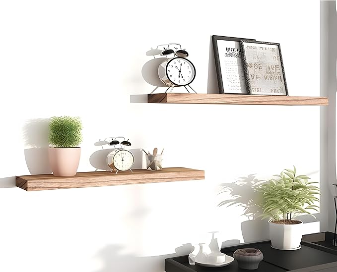 PHPH Wood Floating Shelves for Wall, Wooden Wall Shelves for Bedroom, Set of 6 Light Brown 17 Inch