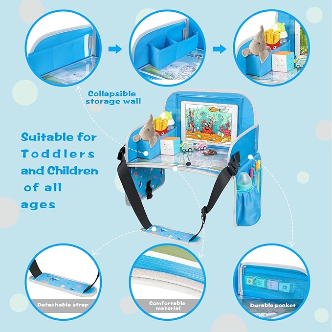 MENZOKE Kids Travel Tray, Car Seat Tray for Kids Travel, Toddler Essentials Girls with Tablet Holder, Road Trip Essentials wi