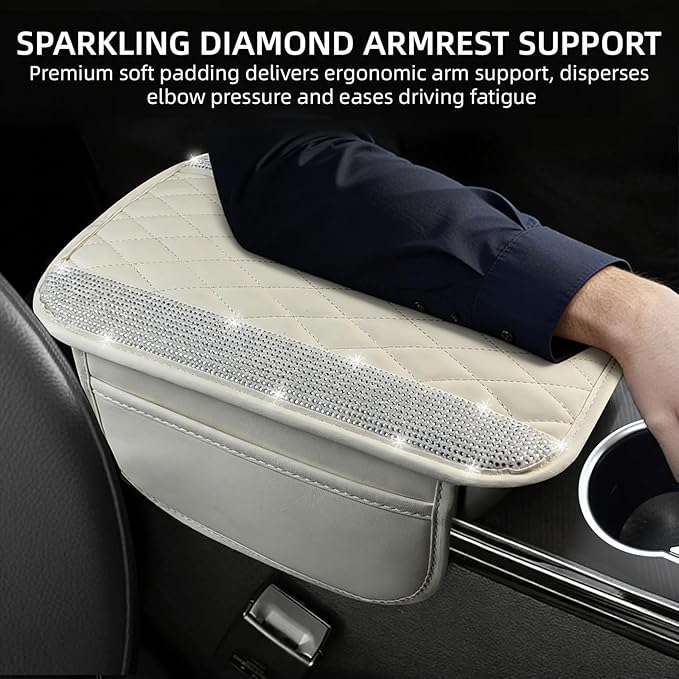 NBTEPEM Bling White Car Center Console Cover, Leather Car Arm Rest Cover with 2 Storage Bags, Universal Auto Armrest Protector Storage Box, Bling Accessories Interior for Most Vehicles