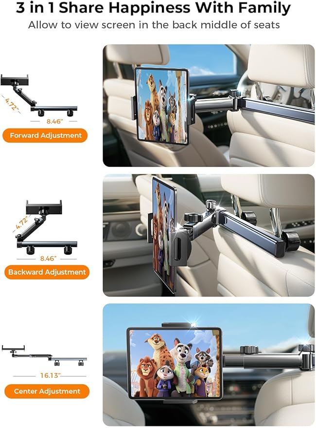 LISEN for iPad Holder Car Road Trip Travel Essentials Activities for Toddler Kids Gifts, Car Accessories for Women Interior Men Truck 3in1 Tablet Holder Back Seat Car Camping Headrest Organizer