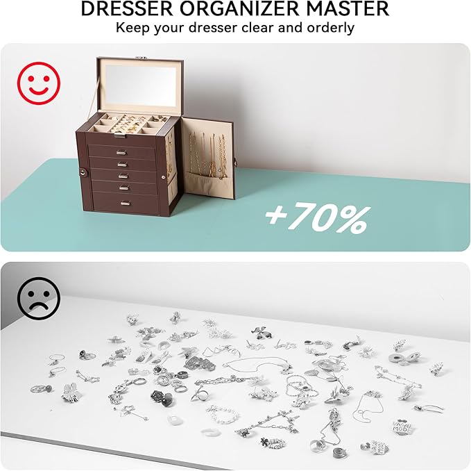 Frebeauty Large Jewelry Box,6-Tier PU Leather Jewelry Organizer,Multi-functional Storage Case with Mirror,Accessories Holder 