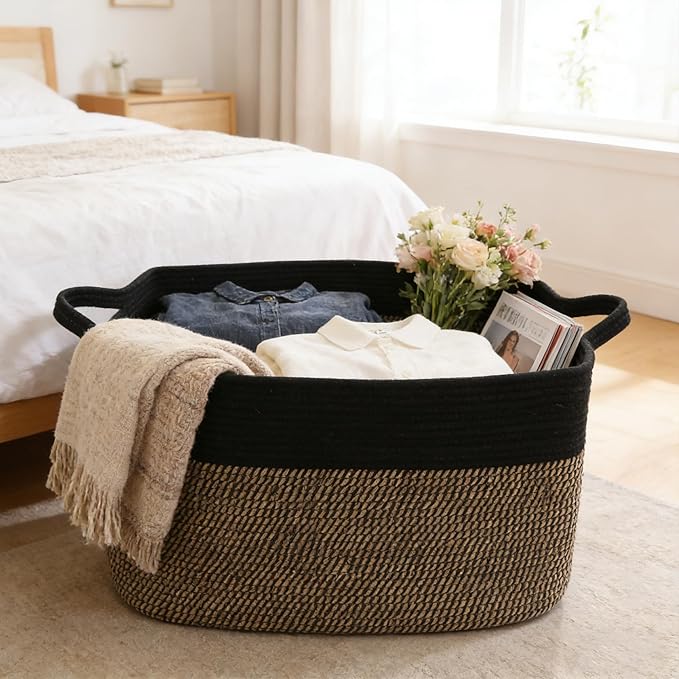 96L Large Blanket Basket,24"x16"x15"Rectangle Storage Bin with Handles,Woven Rope Laundry Basket for Toys, Clothes,Magazines,