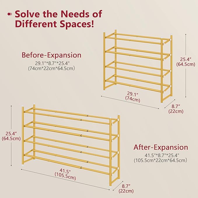 Tajsoon Expandable Shoe Rack for Closet 4 Tier, 29“-41“Adjustable & Stackable Shoe Shelf Storage, Metal Shoe Rack Organizer f