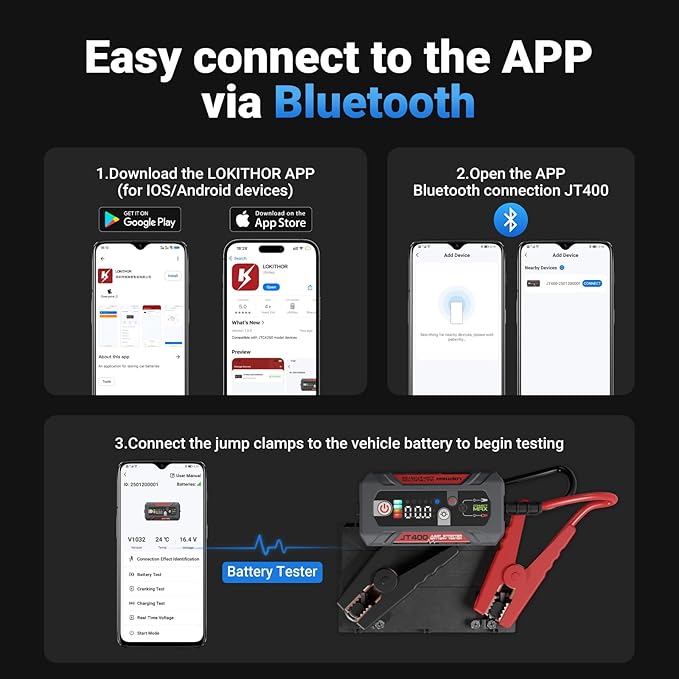 LOKITHOR JT400 2500A Portable Jump Starter with Battery Tester, 12V Car Battery Jump Starter for Up to 8.5L Gas or