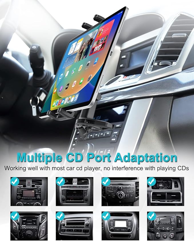 Car Tablet Holder CD Slot, Adjustable Arm CD Player Tablet Mount, 360° Rotation Vehicle CD Insert Clamp for iPad Pro 13 12.9 Mini Air, Galaxy Tab/Z Fold/Z Flip, iPhone, More 4-13" Devices