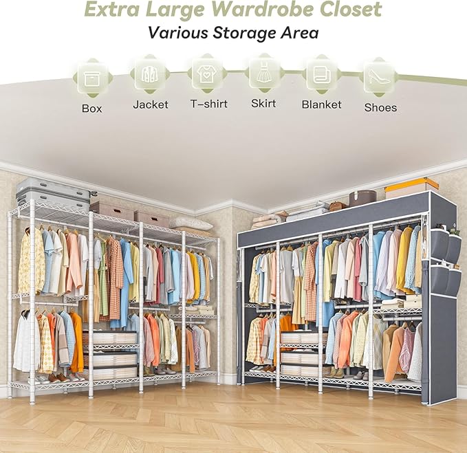 Raybee Clothes Rack with Cover,1150LBS Heavy Duty Clothing Rack for Hanging Clothes,Adjustable Portable,18" D x 76" W x 77" H