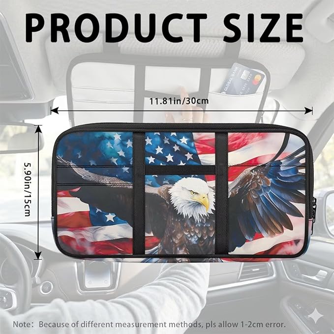 American Flag Car Sun Visor Organizer Multi-Pocket Visor Organizer Storage Pouch 11.81 x 5.9 Inch Car Sun Storage Pocket with Zipper