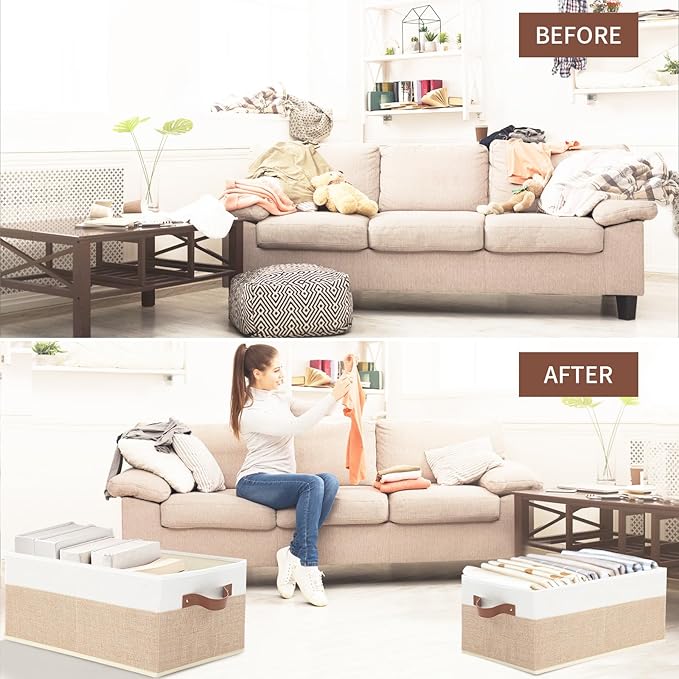 Closet Organizer Bins 3 Pack, Large Storage Bins for Shelves, Foldable Closet Storage Boxes Baskets with Leather Handles for 