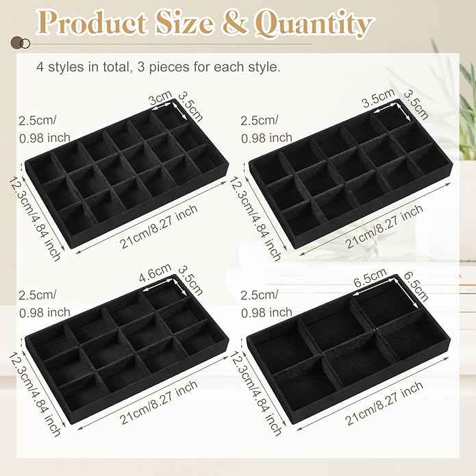 Junkin 12 Pcs Jewelry Tray Velvet Stackable Jewelry Organizer Trays Divided Earring Accessories Storage Containers Box (Rose 