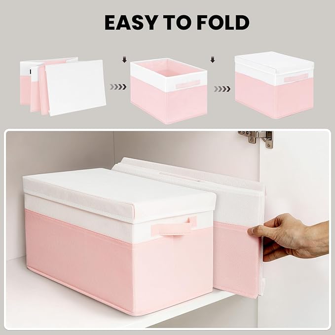 Large Closet Organizer Bins with Lids 8 Pack - Pink Storage Baskets for Shelves Nursery Bedroom Dorm RV - Stackable Decorativ