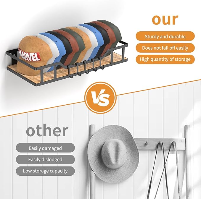 Natural Wood Hat Racks for Baseball Caps Peaked Caps Wall Hat Organizer Fit 40 Caps Holder, 2 Packs Sturdy Wall Mounted Snapb