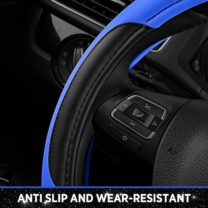 Road Comforts Leather Steering Wheel Cover - Made with PVC Leather - Anti-Slip, Universal Fit 14 1/2 inches to 15 inches - Bl