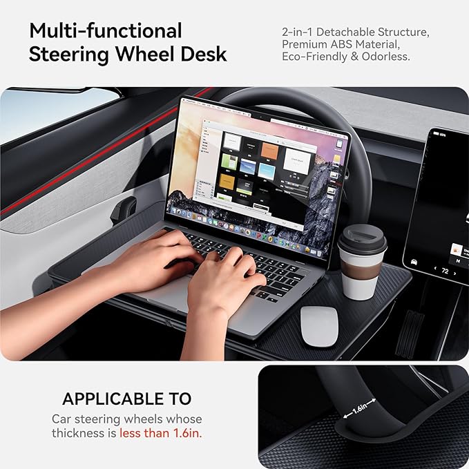 YONZEE 2-in-1 Car Steering Wheel Desk Tray & Car Seat Gap Filler Organizer – Foldable Carbon Fiber Look Table for Laptop, Eating Food, Writing – for Standard Round Steering Wheels