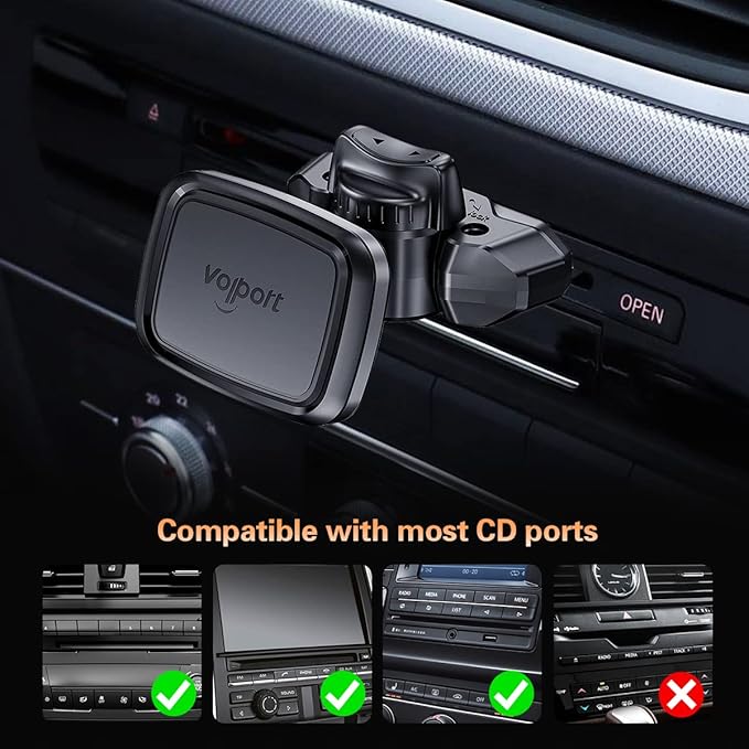 volport CD Slot Magnetic Car Mount - Universal 360° Magnetic Holder for Smartphones, Mini Tablets, GPS - Compatible with iPhone 15/14/13/12/11 Pro Max, Samsung, and More