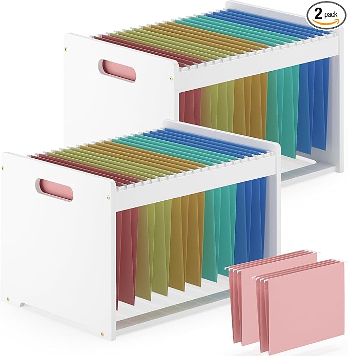 Hanging File Organizer Box for Letter Size, 2 Pack Bamboo File Folder Organizer, Storage Moving Boxes with Handle Wood Desk F
