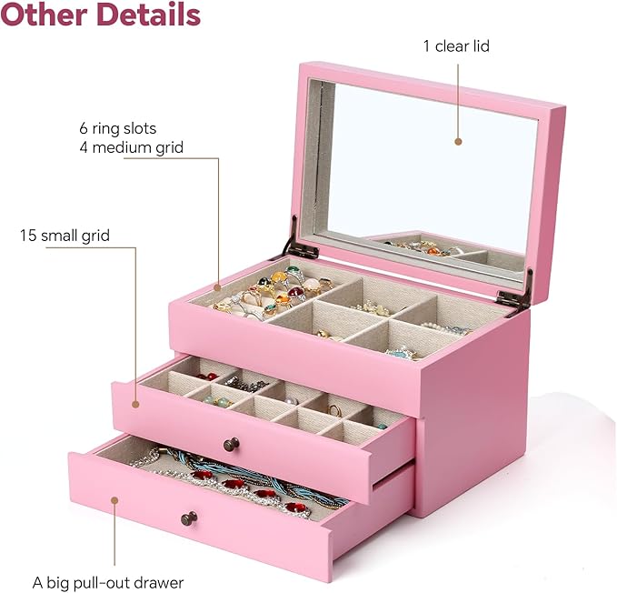 Meangood Jewelry Box Organizer for Women, 3 Layer Large Jewelry Storage Case, Rustic Wooden Jewelry Box with Mirror & Ring Tr
