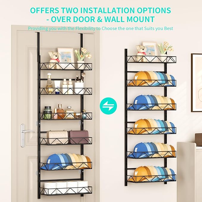 HapiRm Over the Door Hat Organizer - 6 Tier Wall Mounted Hat Rack with 6 Adjustable Metal Basket, Baseball Caps Organizer Sto
