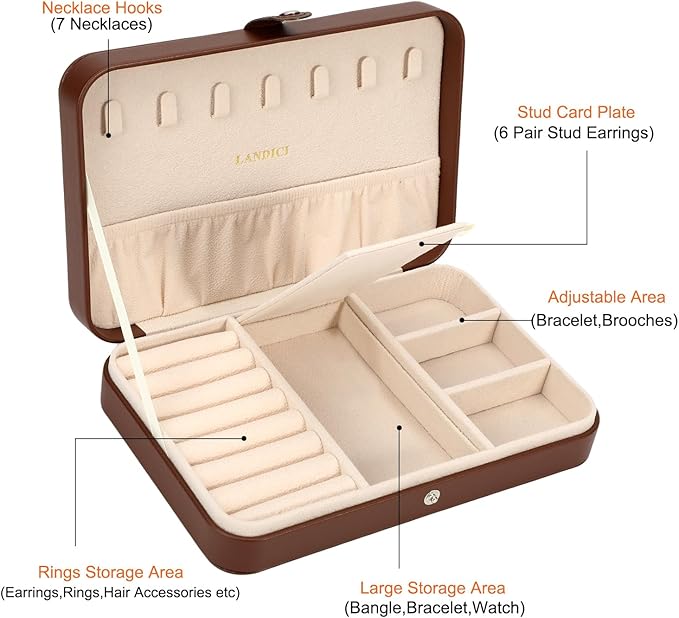 LANDICI Small Jewelry Box for Women Girls, PU Leather Travel Jewelry Case, Portable Jewelry Organizer Storage Holder Display 