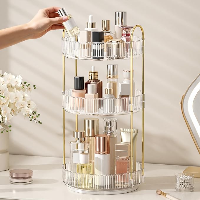 Oifecsie 360° Rotating Makeup Organizer, Large Capacity SkinCare Organizer, 3 Tier Cosmetic Skin Care Perfume Dresser Organiz