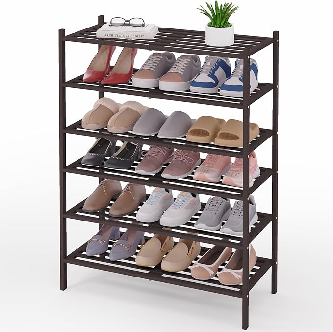 Smiry Bamboo Shoe Rack 6-Tier, Stackable Wooden Shoe Organizer for Entryway & Closet, Free Standing Wood Shoe Storage Shelf f