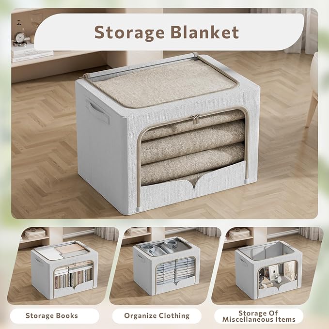 FHSQX 3 Pack Clothes Storage Bins - Foldable Metal Frame Storage Box - Stackable Linen Fabric Container Organizer Set with Ca