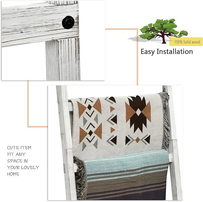 FUIN 6.4ft Extra Wide Wooden Blanket Ladder Living Room Decorative Wal Leaning Farmhouse Quilt Display Holder Rustic Wood Tow