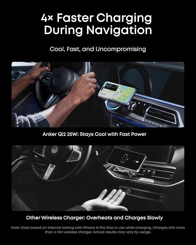 Anker Prime MagSafe Car Mount Charger, Qi2 25W Certified Wireless Car Charger with TEC Cooling, Strong Magnets, Air Vent Mount for iPhone 17-12 Series (Check Vent Compatibility, Includes 60W Adapter)