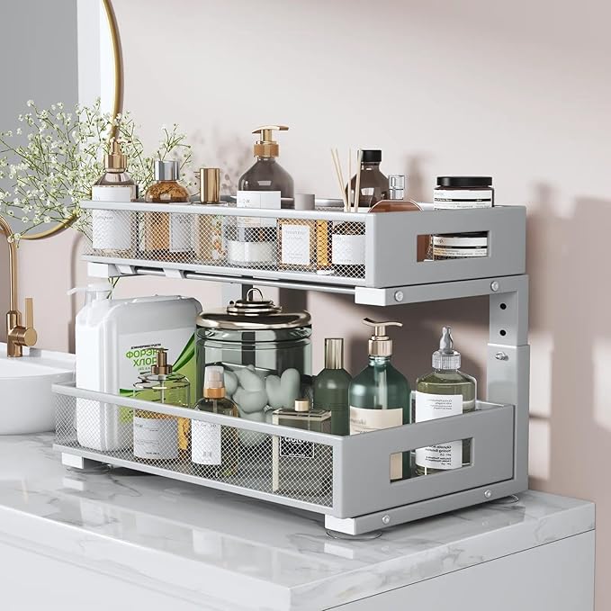 1 Pack 19IN Depth Under Sink Organizer, 2-Tier Pull Out Cabinet Organizer With Smooth Circular Rail, Large Capacity Metal Mes