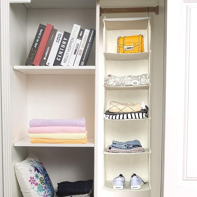 BrilliantJo 5 Shelves Hanging Closet Organizer, 2 Pack Hanging Storage with 6 Side Pockets for Clothes Shoes, 43"x12"x12"(Bei