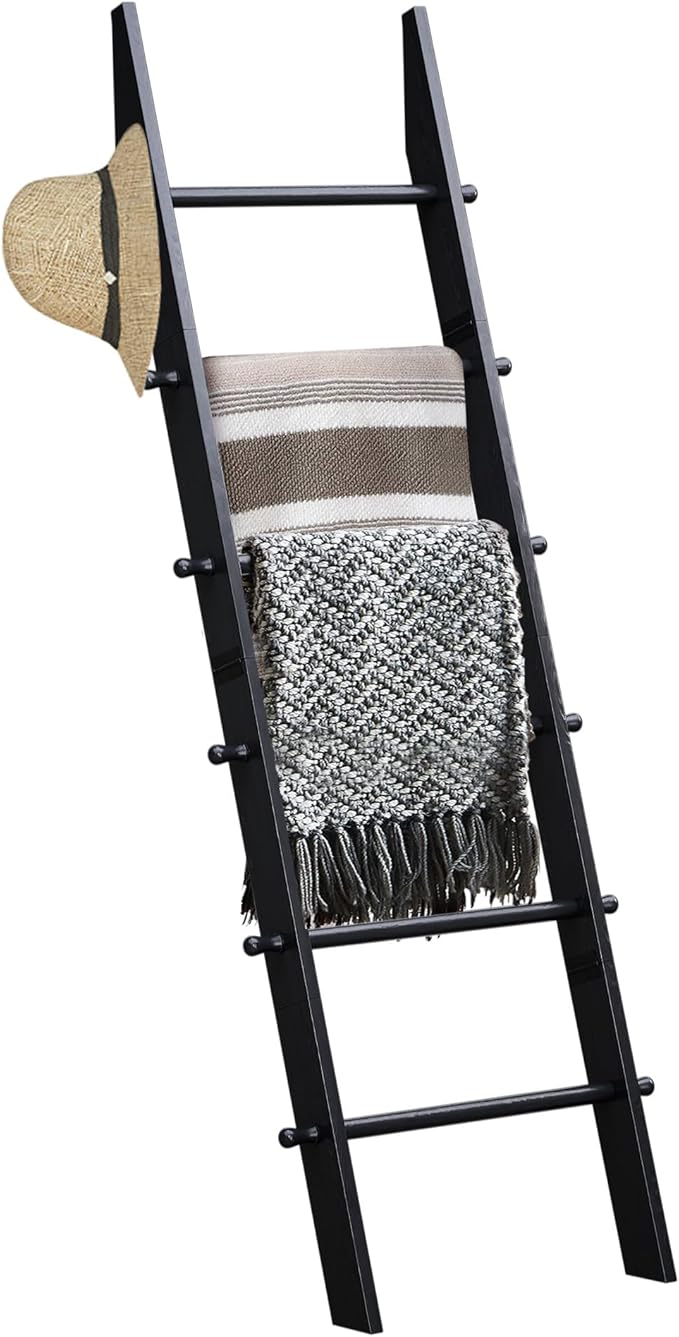 TEAKMAMA 6-Tier Blanket Ladder with Hanging Knobs, 5.5 Ft Wall Leaning Blanket Ladders for Living Room Bedroom,Rustic Decorat