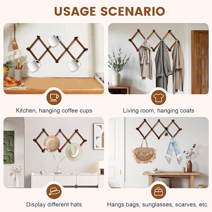 Accordion Wall Hanger, Wood Expandable Wall Mounted Hanger with 10 Hooks for Coats,Hats,Coffee Mug Ect,1 Pack Included, 10 Pe