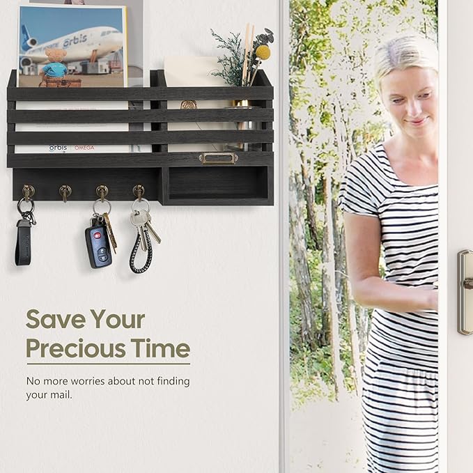 FifthQuarter Key Holder for Wall: Easy Mounted Key Rack and Mail Organizer with Store Shelf and Four Sturdy Keys Hooks Decor 