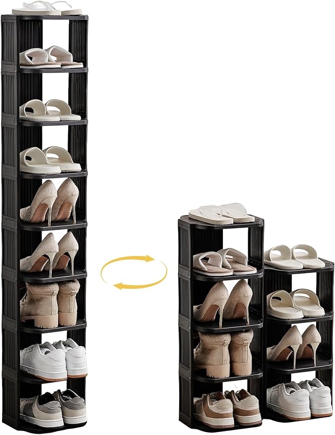 Vertical Shoe Rack, 9-Tier Plastic Stackable Storage Shelf for Small Closets and Narrow Spaces, Compact Free Standing Shoe Ra