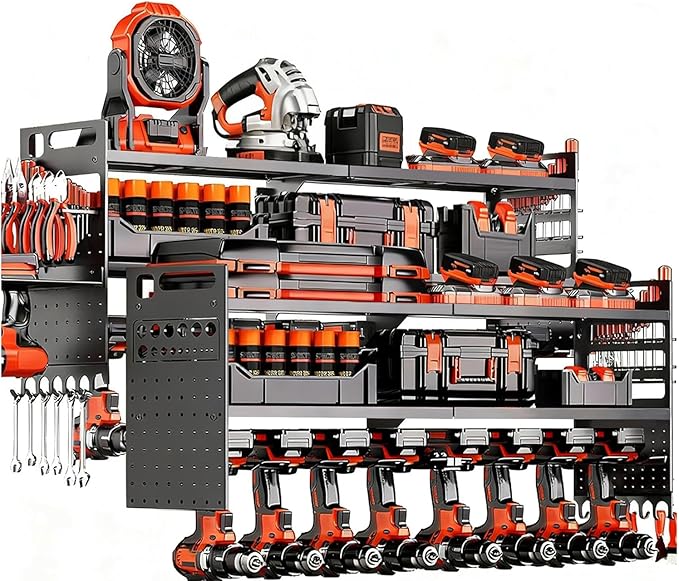2-Pack Large Power Tool Organizer Wall Mount,Heavy Duty Cordless Tool Organizer with 18 Drill Holder,600 Lbs Capacity 3-Layer