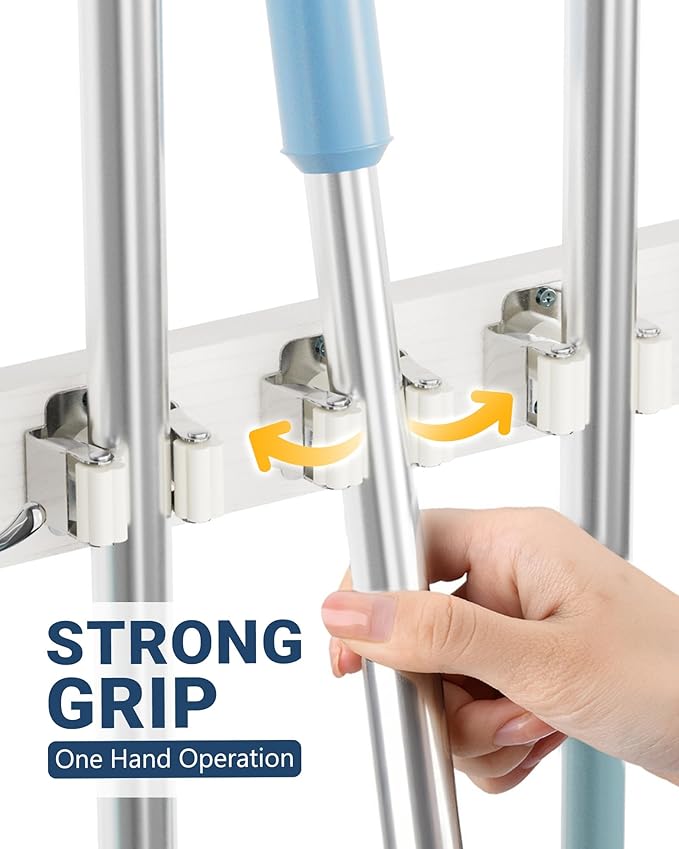 Lorbro Broom Holder Door Mount, Over the Door Broom and Mop Holder with 2 Over Door Hooks, Wood Broom Hanger, Tool Rack Organ