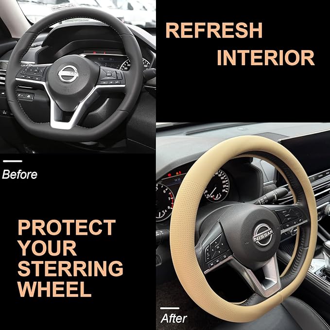 PINCTROT D Shaped Nappa Leather Steering Wheel Cover, Slim Fit No Bulk Design, One Piece Leather with Breathable Perforation,