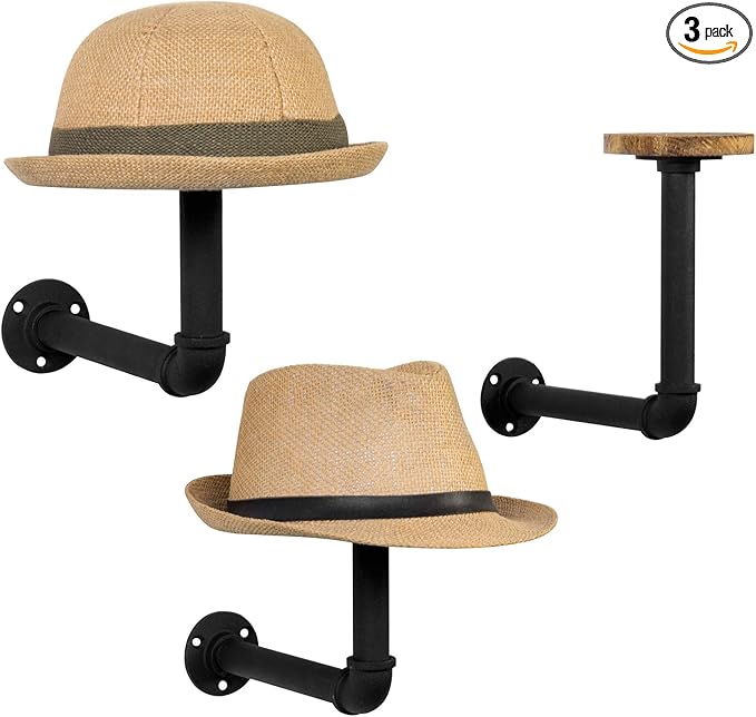 MyGift 3 Pcs Cowboy Hat Holder on Wall, Hat Rack Hooks, Wig Display Helmet Collection Organizer, Baseball Cap Hanger Entryway