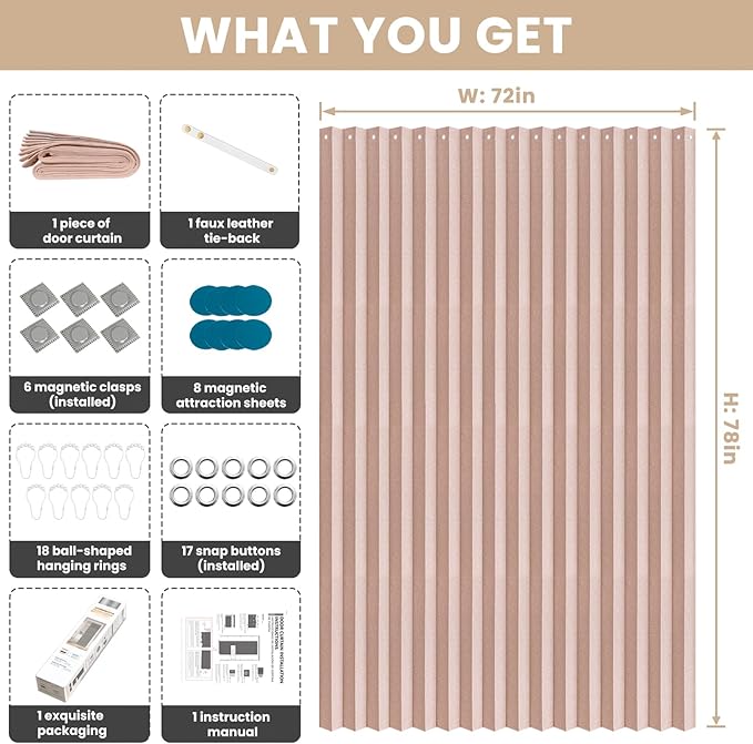 Jilron Accordian Door Curtain, 100% Blackout Folding Magnetic Doorway Curtains,Linen Style Closet Doors,for Room Divider,Priv