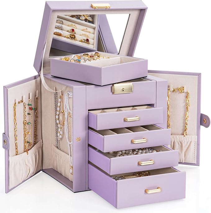 AKOZLIN 5-Tier Jewelry Box Leather Jewelry Storage Organizer with 4 Drawers Lockable for Women Girls Ring Necklace Earring Br