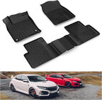 KIWI MASTER Floor Mats for 2016-2021 Honda Civic, Custom Fit All Weather Car Mats, Heavy Duty TPE Floor Liners, Front & Rear 2 Row, Black