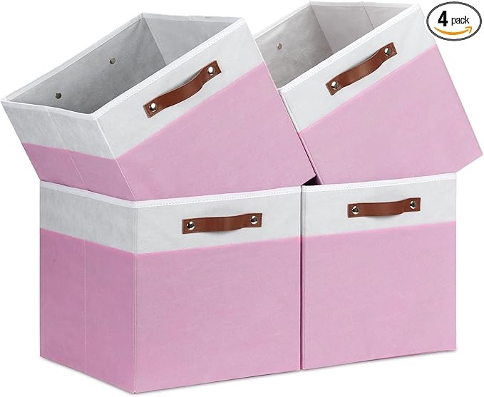 Temary Foldable Cube Baskets 4Pack - Clothes Shelf Storage with Handles, Fabric Storage Organizer Bins (White&Pink, 13x15x13 