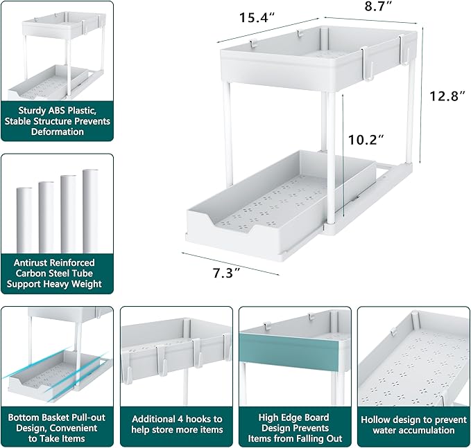 MEAFBIRD 2 Pack Under Sink Organizer, 2 Tier Bathroom Cabinet Organizer with Sliding Basket, Multi-Purpose Under Sink Organiz