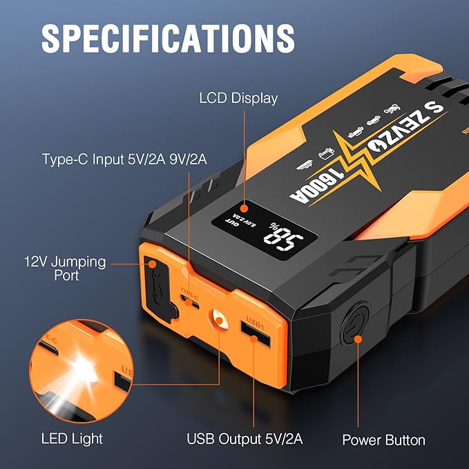 S ZEVZO Jump Starter 1000A Peak Portable Jump Starter for Car (Up to 7.0L Gas 5.5L Diesel Engine) 12V Auto Battery Booster