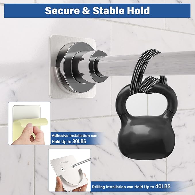 Brushed Metal Shower Rod Holders 2 Pack, Heavy-Duty Adhesive Shower Curtain Rod Brackets, No Drilling/Screw Mount, Rustproof 