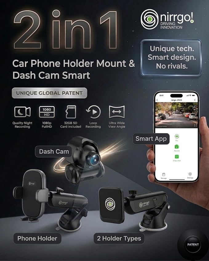 NIRRGO 2-in-1 Dash Cam & Car Phone Holder Mount Bonus-2 Mounting Options Included 1080P HD Loop Recording Dashcam smart App Control, Night Vision G-Sensor Clutter,Easy Setup 32GB SD Card Included