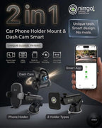 NIRRGO 2-in-1 Dash Cam & Car Phone Holder Mount Bonus-2 Mounting Options Included 1080P HD Loop Recording Dashcam smart App Control, Night Vision G-Sensor Clutter,Easy Setup 32GB SD Card Included