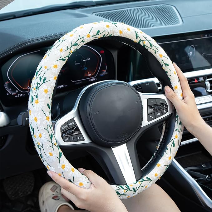 Embroidered Flowers White Cute Daisy Steering Wheel Cover Auto Anti-Slip Breathable Rubber Steering Wheel Protector,Floral Car Accessories for Women,Universal Size Fit Most Cars -15 inch