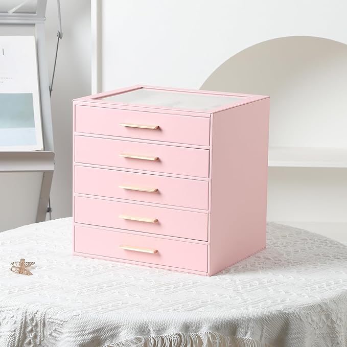 Frebeauty Clear Lid Jewelry Box,5-Layer Jewelry Organizer with Drawer,PU Leather Jewelry Organizers and Storage,Jewelry Boxes