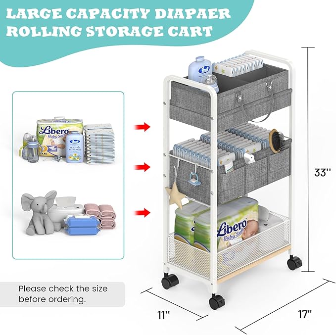 2In1 Baby Diaper Caddy & 3-Tier Rolling Diaper Cart, Diaper Caddy Organizer Cart with Dividers, Metal Detachable Bedside Cart