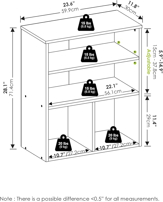 Furinno PASIR Book Shelf, 3-Tier Display Bookshelf, Bookcase, 11.8 x 23.6 x 28.1, for Living Room, Bedroom, Home Office, Fren